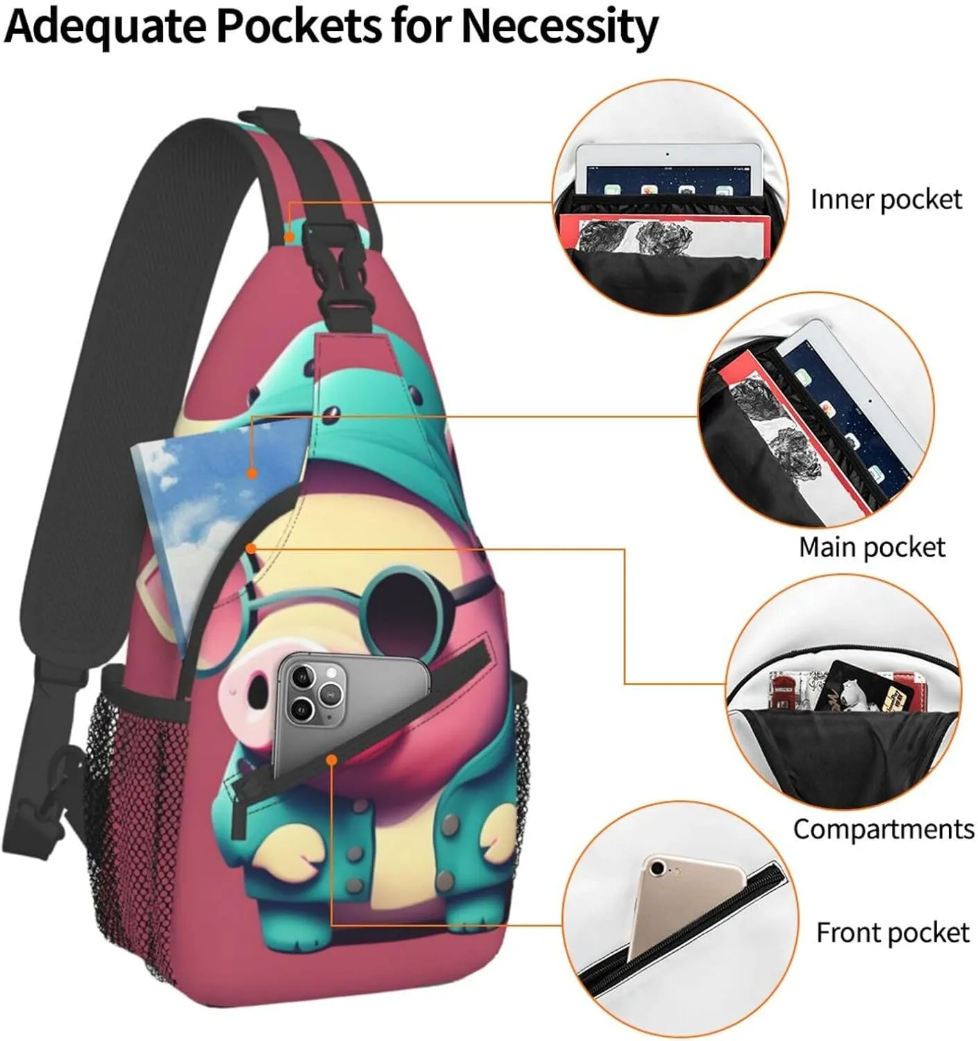 Sling Backpack,Men Cross Chest Bag Diagonally,Durable Adjustable Outdoor Cycling Travel Bag,Cute Pig Print