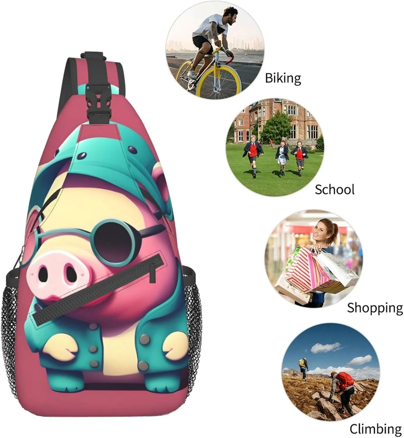 Sling Backpack,Men Cross Chest Bag Diagonally,Durable Adjustable Outdoor Cycling Travel Bag,Cute Pig Print