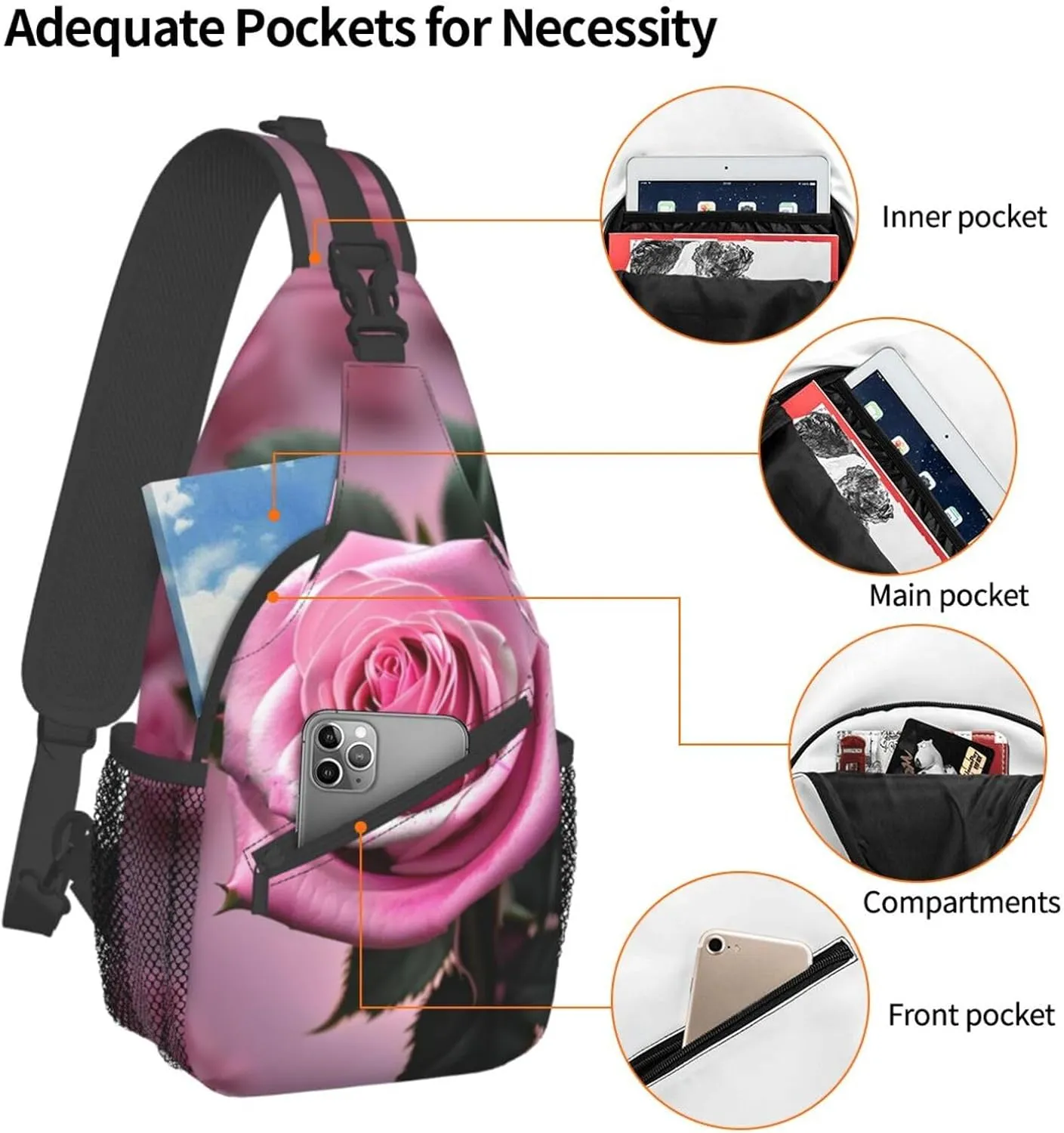 Sling Backpack,Men Cross Chest Bag Diagonally,Durable Adjustable Outdoor Cycling Travel Bag,Pink And Rose Print