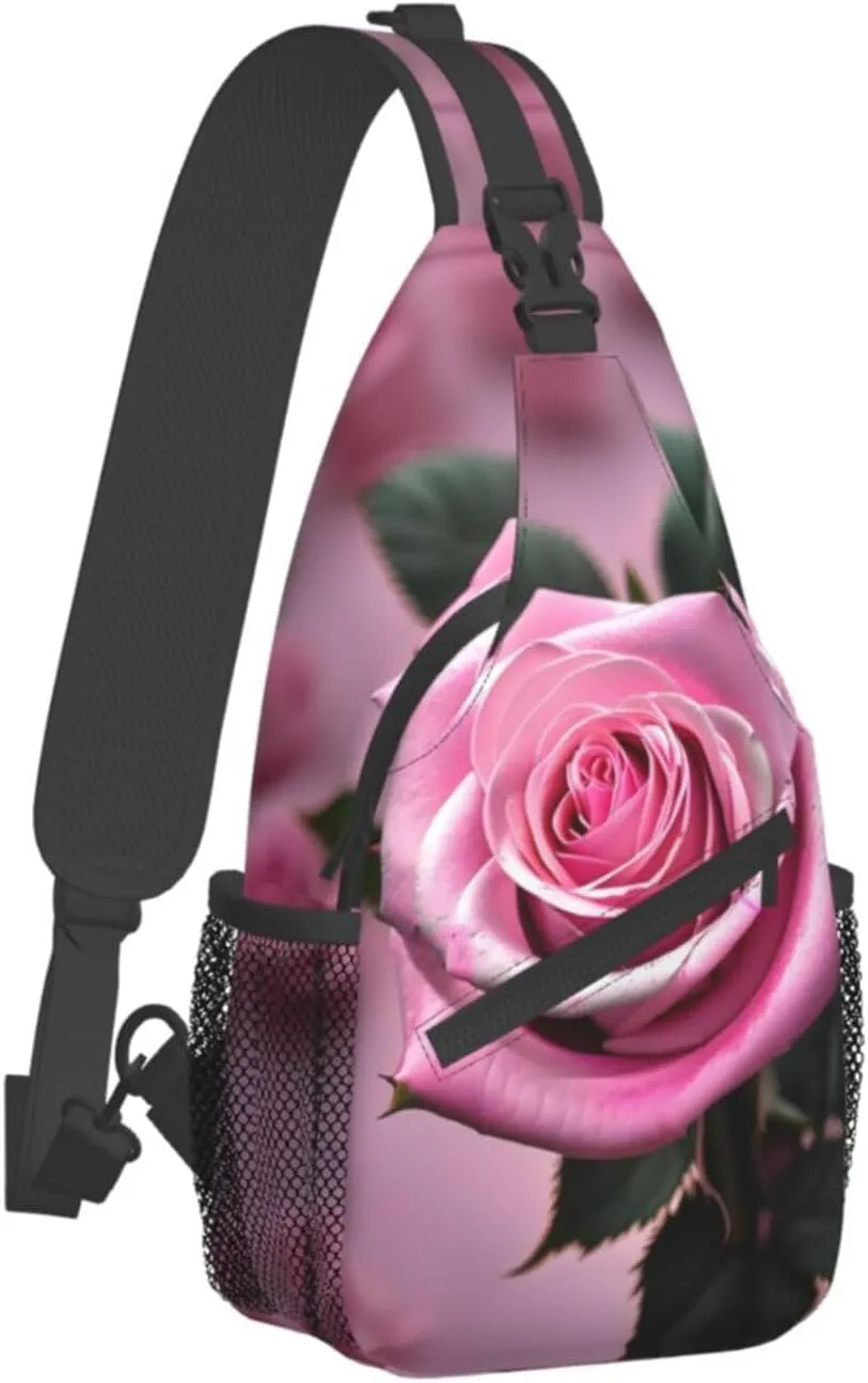 Sling Backpack,Men Cross Chest Bag Diagonally,Durable Adjustable Outdoor Cycling Travel Bag,Pink And Rose Print