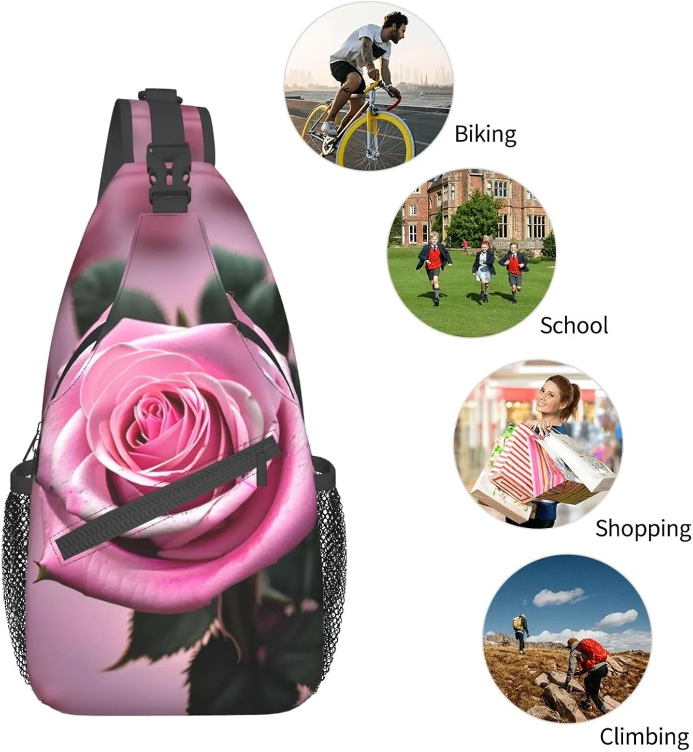 Sling Backpack,Men Cross Chest Bag Diagonally,Durable Adjustable Outdoor Cycling Travel Bag,Pink And Rose Print