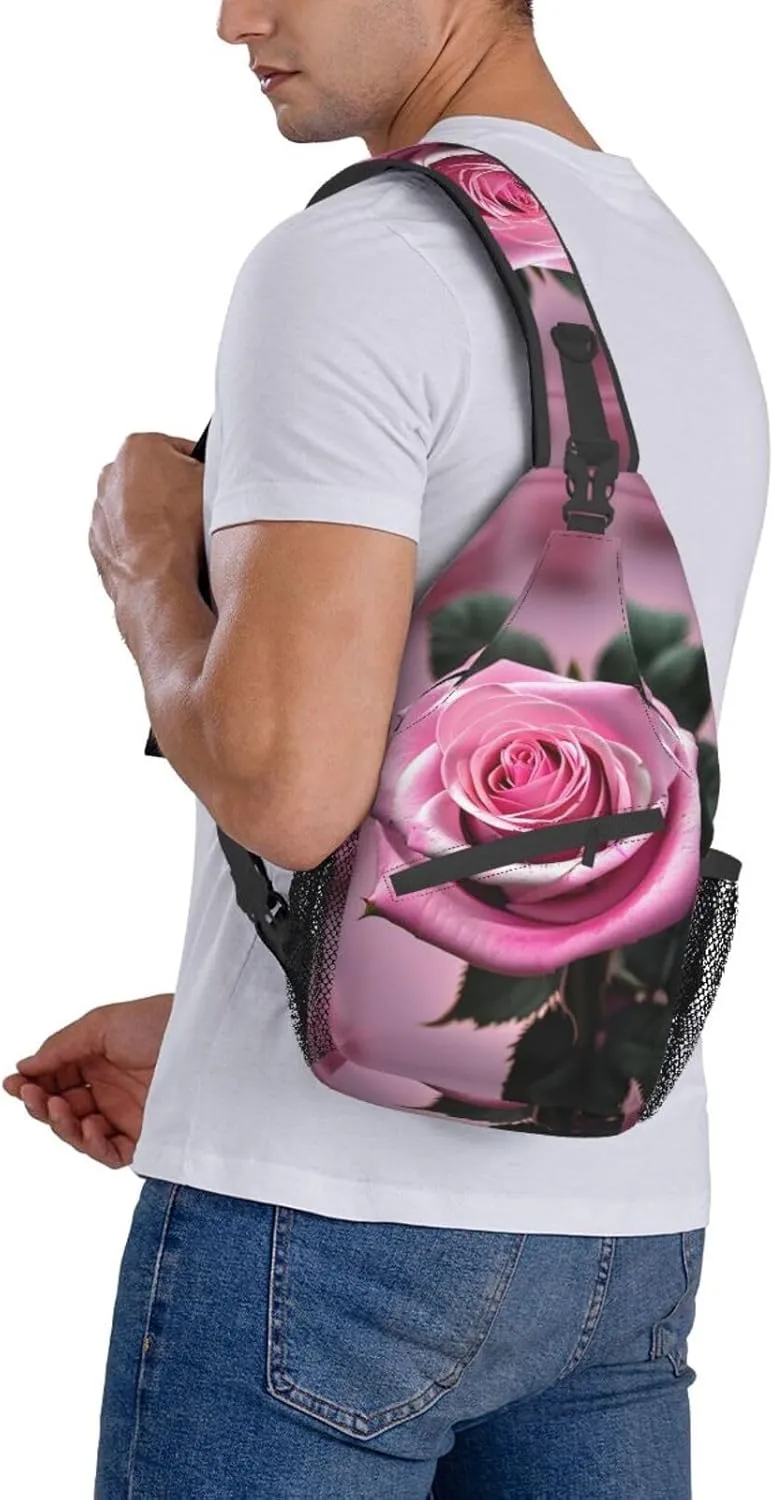 Sling Backpack,Men Cross Chest Bag Diagonally,Durable Adjustable Outdoor Cycling Travel Bag,Pink And Rose Print