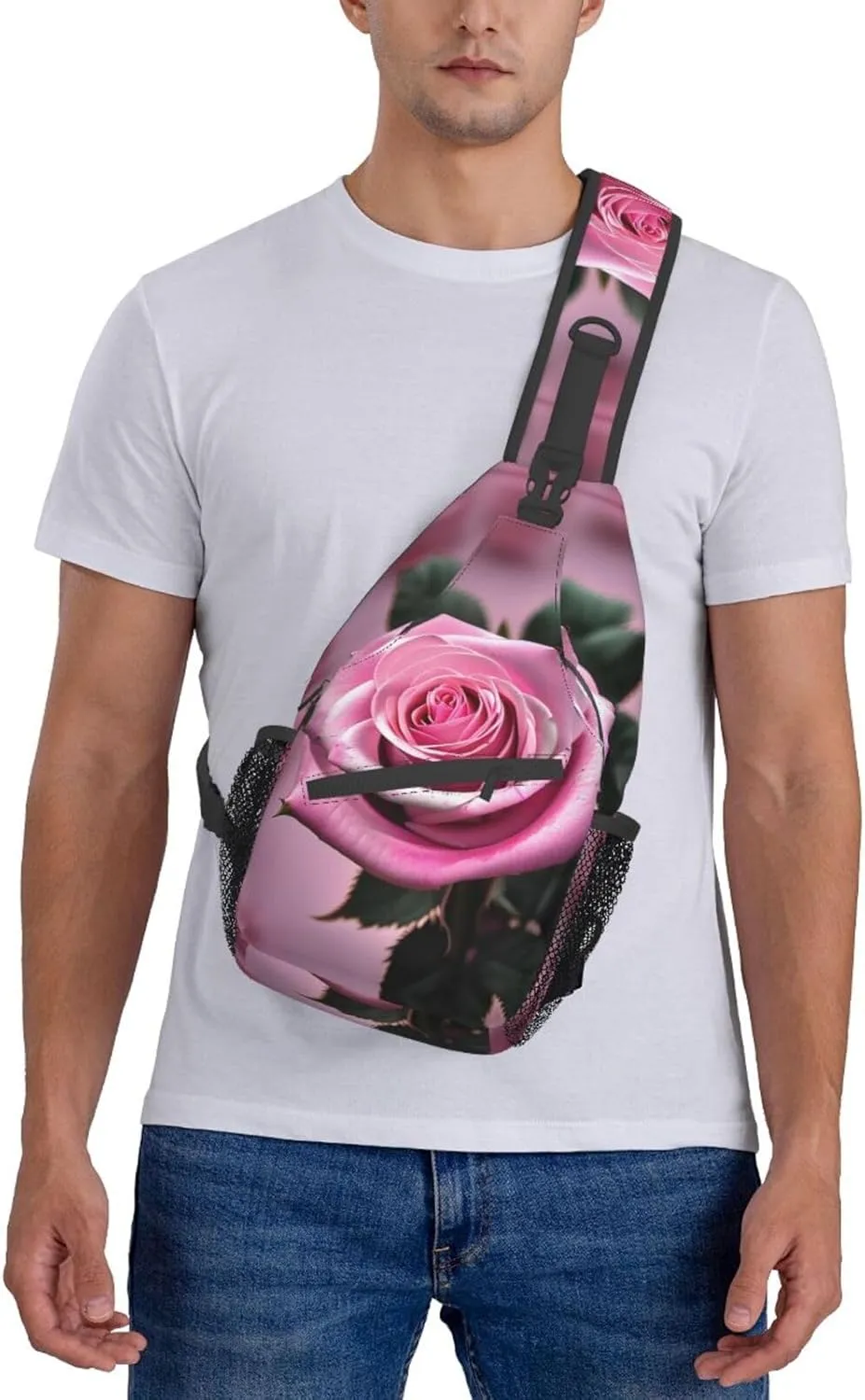 Sling Backpack,Men Cross Chest Bag Diagonally,Durable Adjustable Outdoor Cycling Travel Bag,Pink And Rose Print