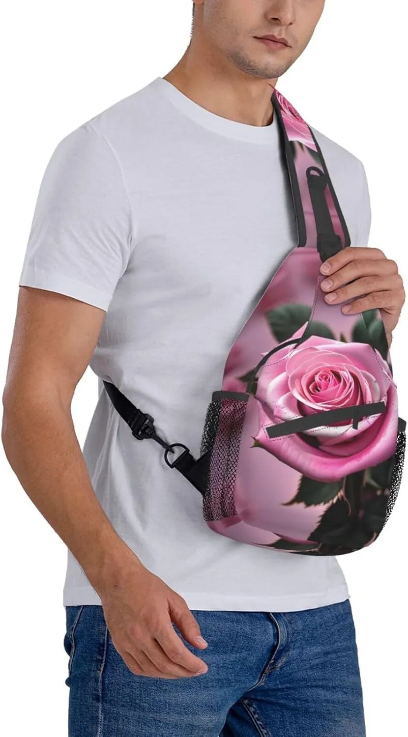 Sling Backpack,Men Cross Chest Bag Diagonally,Durable Adjustable Outdoor Cycling Travel Bag,Pink And Rose Print
