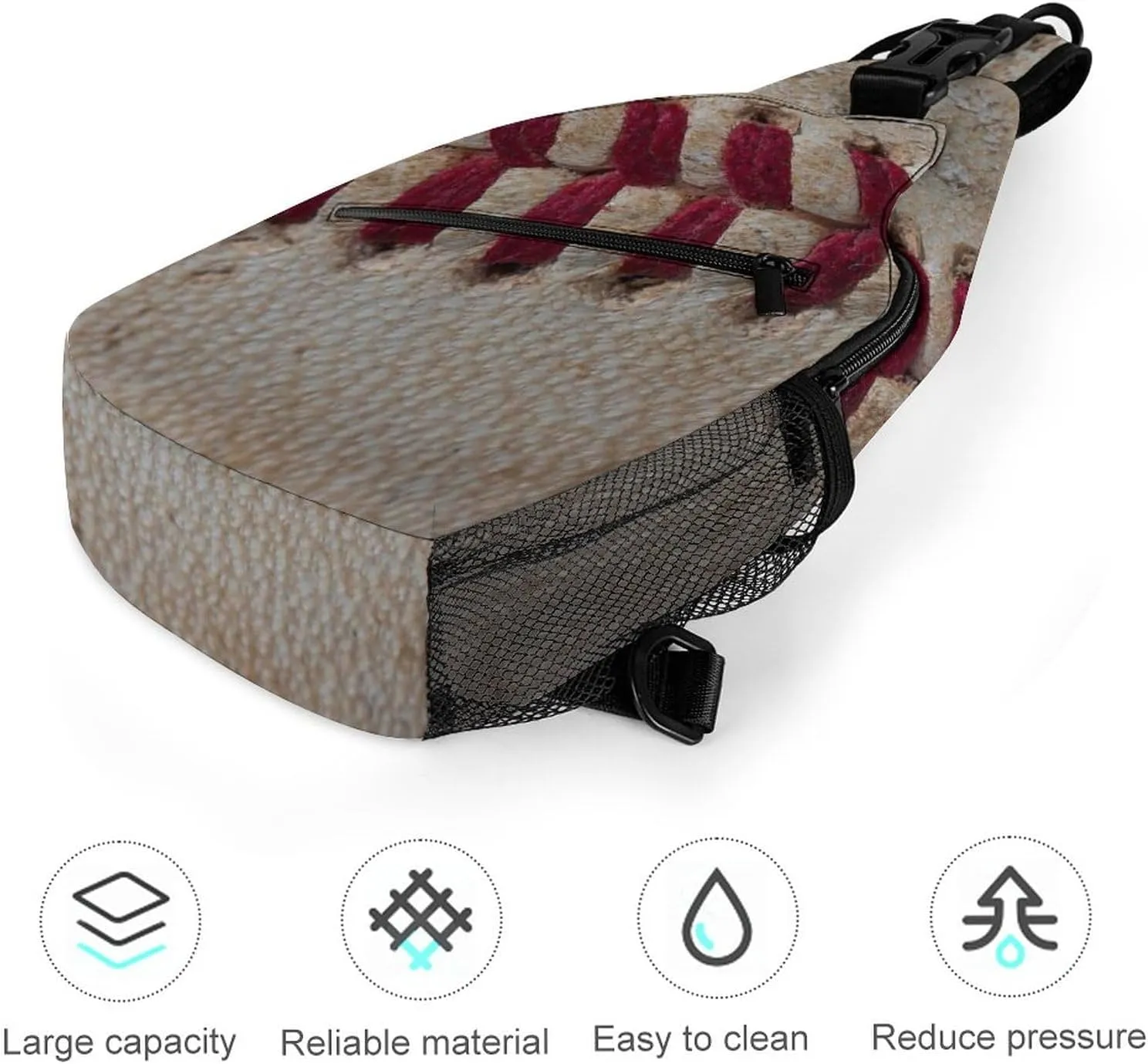 Sling Bag Baseball Red Seams Crossbody Backpack with Anti Theft Softball Stitches Adjustable Shoulder Bag for Travel,Hiking,Cycling,Camping