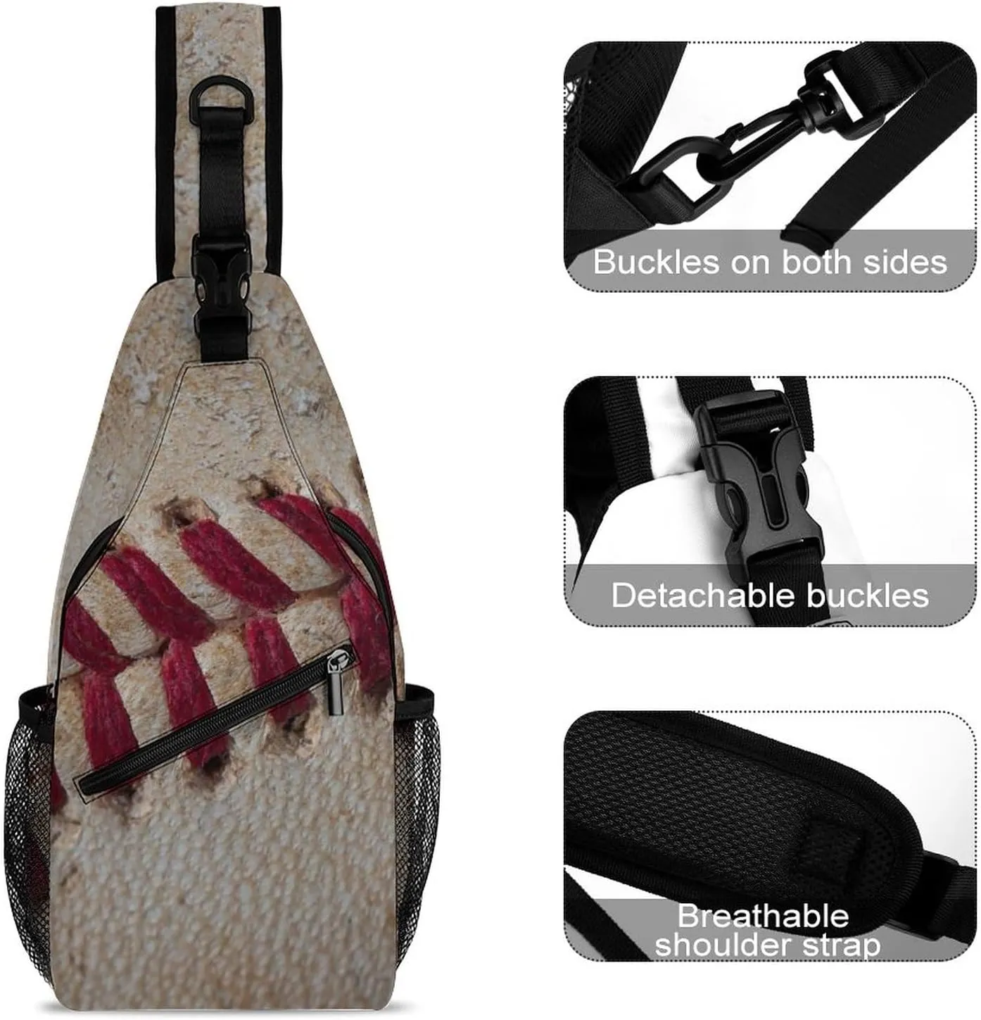 Sling Bag Baseball Red Seams Crossbody Backpack with Anti Theft Softball Stitches Adjustable Shoulder Bag for Travel,Hiking,Cycling,Camping