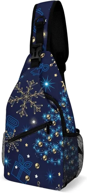 Sling Bag Christmas Tree Snowflakes Crossbody Backpack with Anti Theft Blue Stars Sparkles Adjustable Shoulder Bag for Travel,Hiking,Cycling,Camping