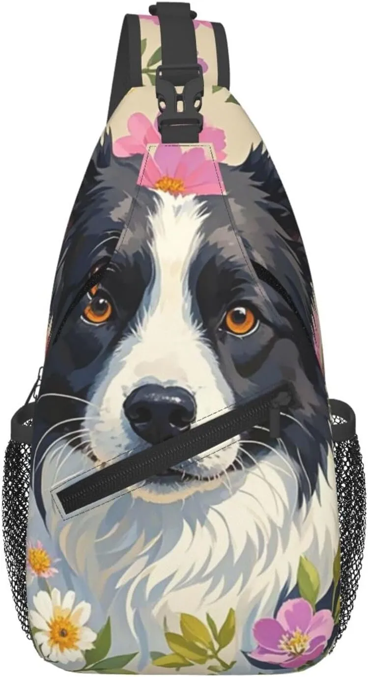 Sling Bag for Men Women Crossbody Backpack Border Collie Florals Crossbody Bag Chest Bag for Travel Sport