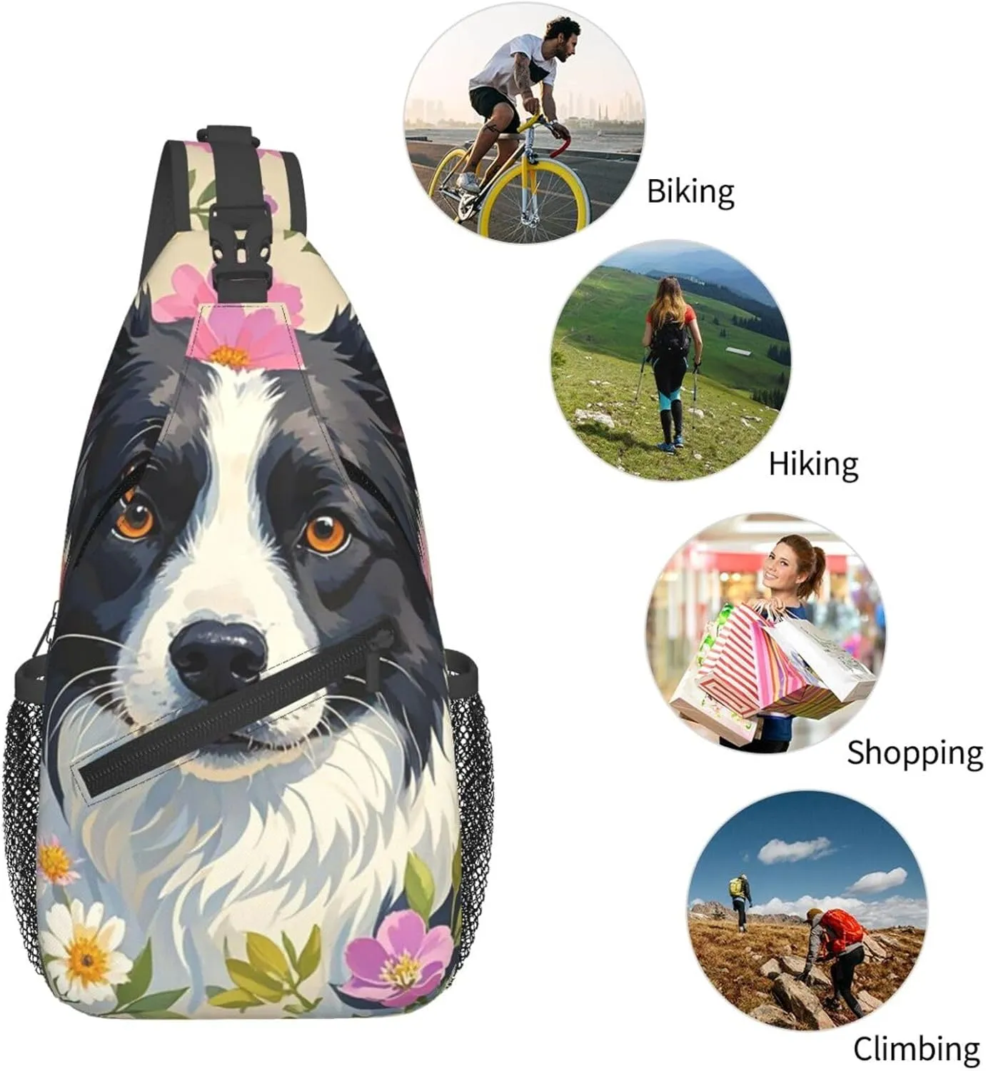 Sling Bag for Men Women Crossbody Backpack Border Collie Florals Crossbody Bag Chest Bag for Travel Sport