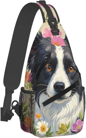 Sling Bag for Men Women Crossbody Backpack Border Collie Florals Crossbody Bag Chest Bag for Travel Sport