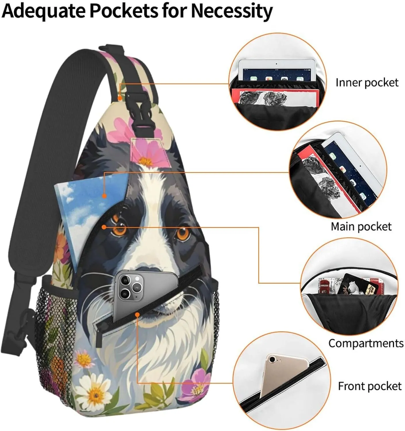 Sling Bag for Men Women Crossbody Backpack Border Collie Florals Crossbody Bag Chest Bag for Travel Sport