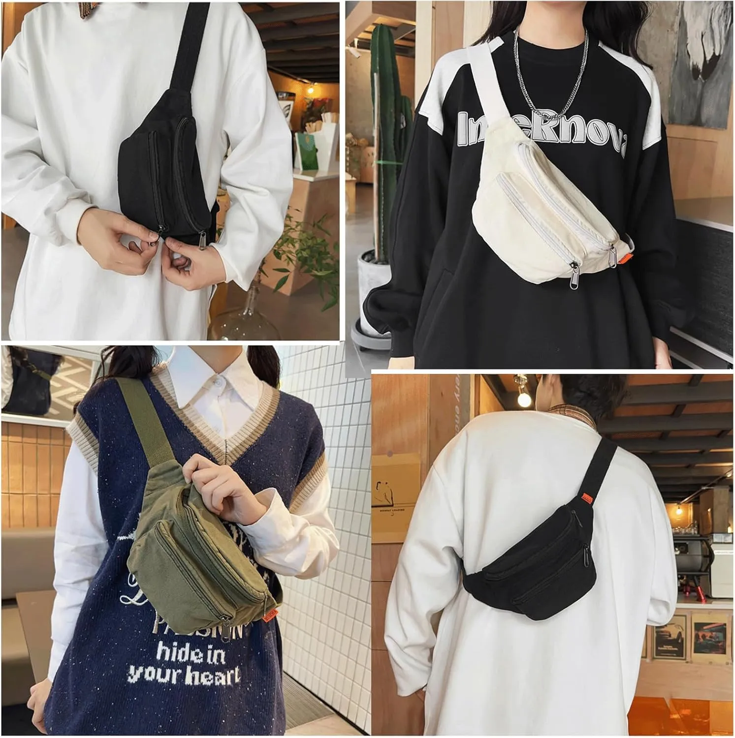 Sling Bag for Women Men Canvas Crossbody Bag Fanny Pack Belt Purses Backpack Traveling (Green)