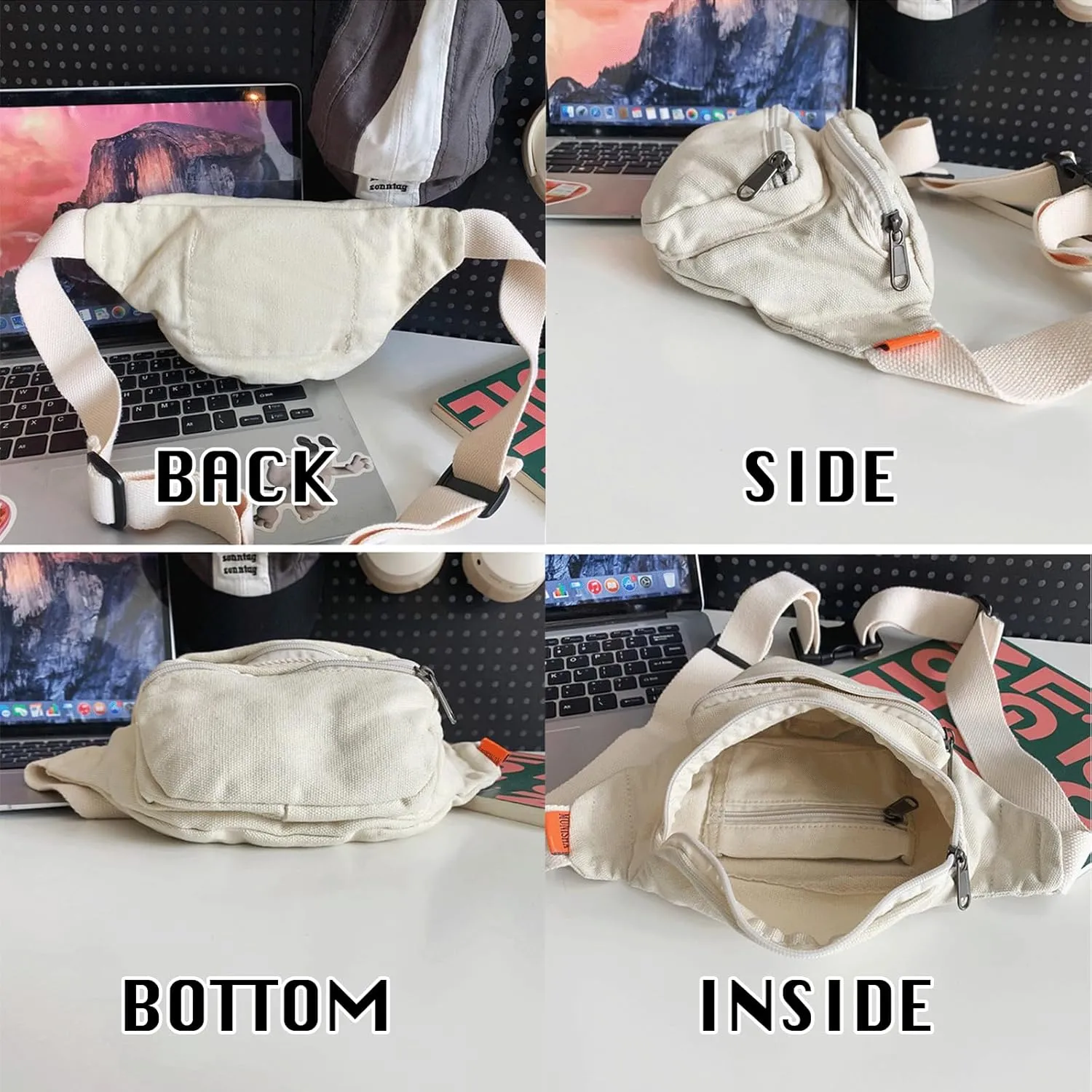 Sling Bag for Women Men Canvas Crossbody Bag Fanny Pack Belt Purses Backpack Traveling (White)