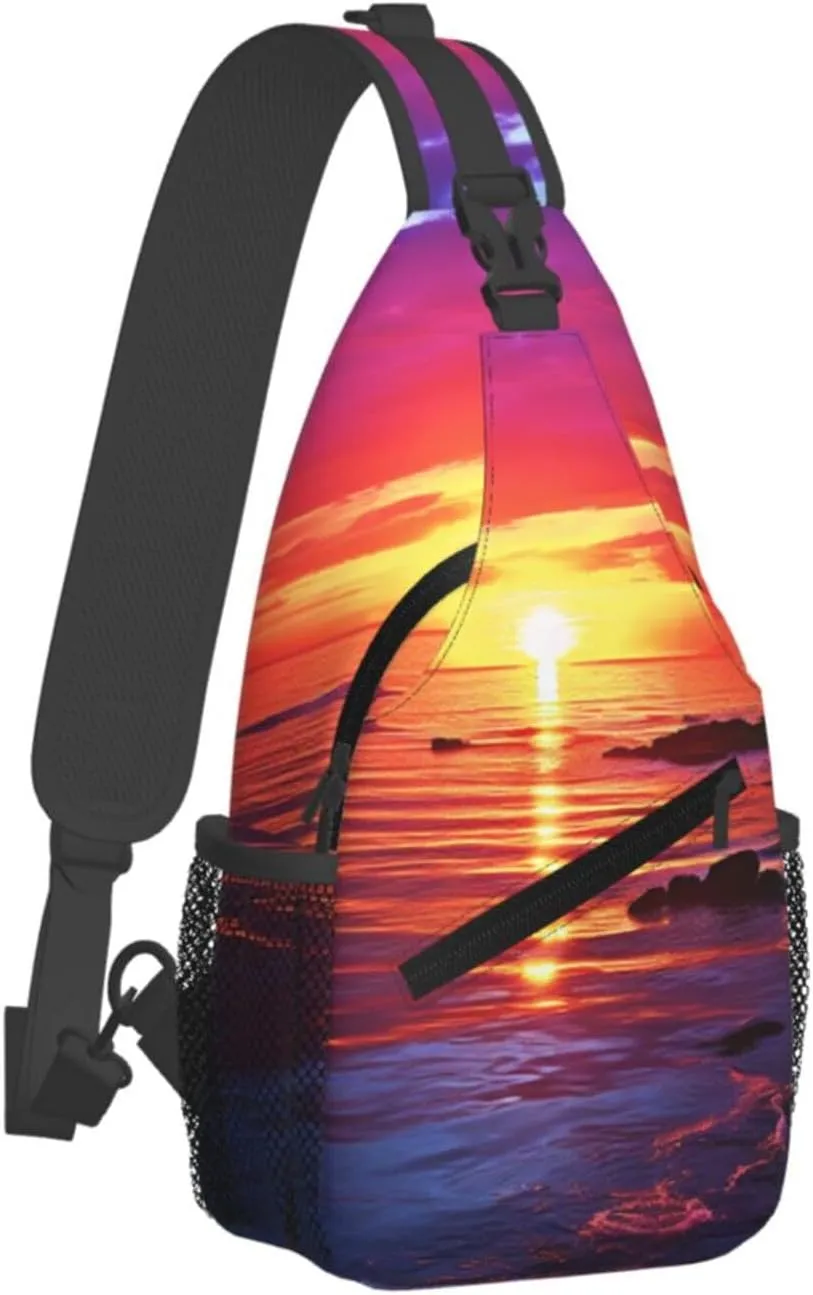 Sling Bag for Women Men Crossbody Bag Sling Backpack Calm sea sunset Cross Body Bag Adjustable Chest Bag