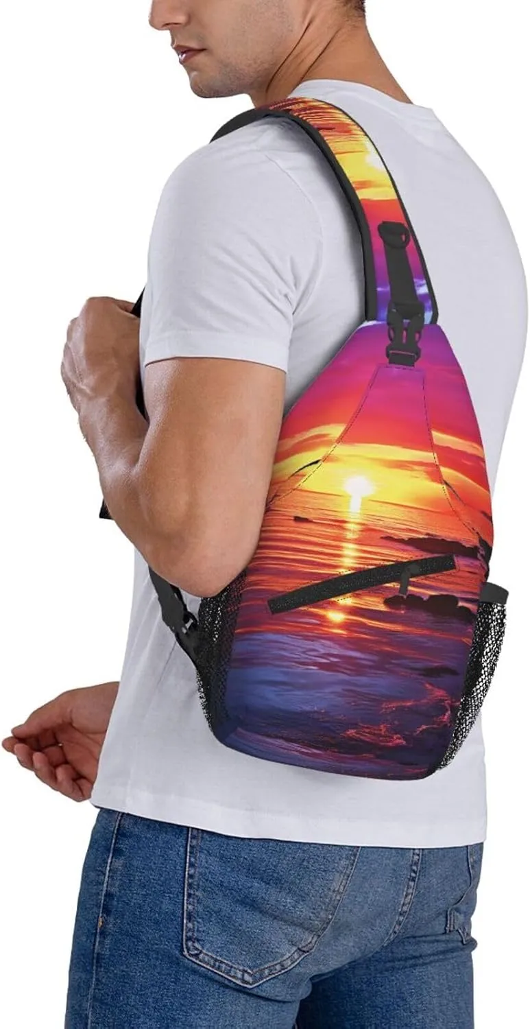 Sling Bag for Women Men Crossbody Bag Sling Backpack Calm sea sunset Cross Body Bag Adjustable Chest Bag