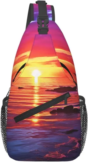 Sling Bag for Women Men Crossbody Bag Sling Backpack Calm sea sunset Cross Body Bag Adjustable Chest Bag