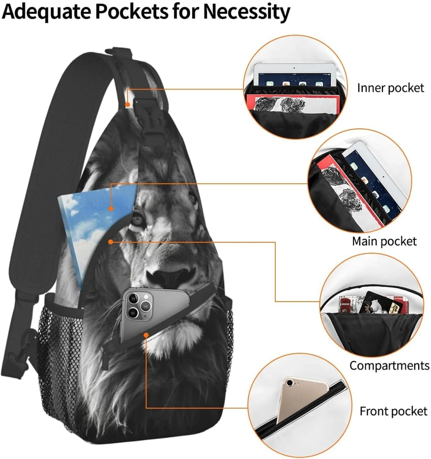 Sling Bag for Women Men Crossbody Bag Small Sling Backpack African lion black and white Chest Bag Hiking Daypack