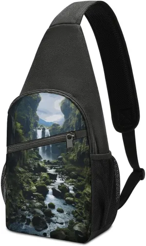 Sling Bag for Women Men Waterfall Cliff Chest Bag Fashion Sling Backpack Casual Crossbody Bags for Travel, White