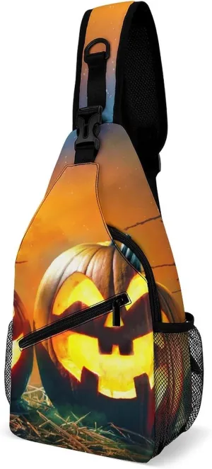 Sling Bag Halloween Pumpkin Crossbody Backpack with Anti Theft Candles Fores Scary Night Adjustable Shoulder Bag for Travel,Hiking,Cycling,Camping