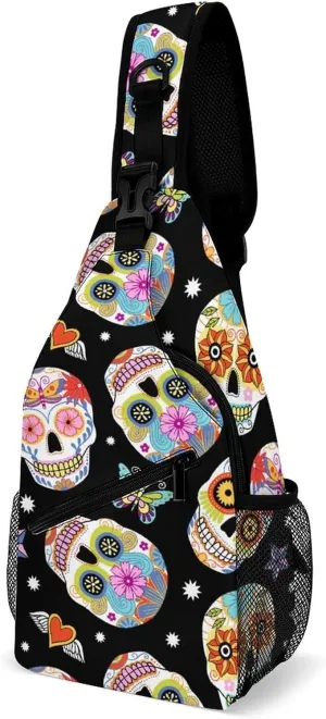 Sling Bag Mexican Sugar Skulls Crossbody Backpack with Anti Theft Vintage Art Adjustable Shoulder Bag for Travel,Hiking,Cycling,Camping