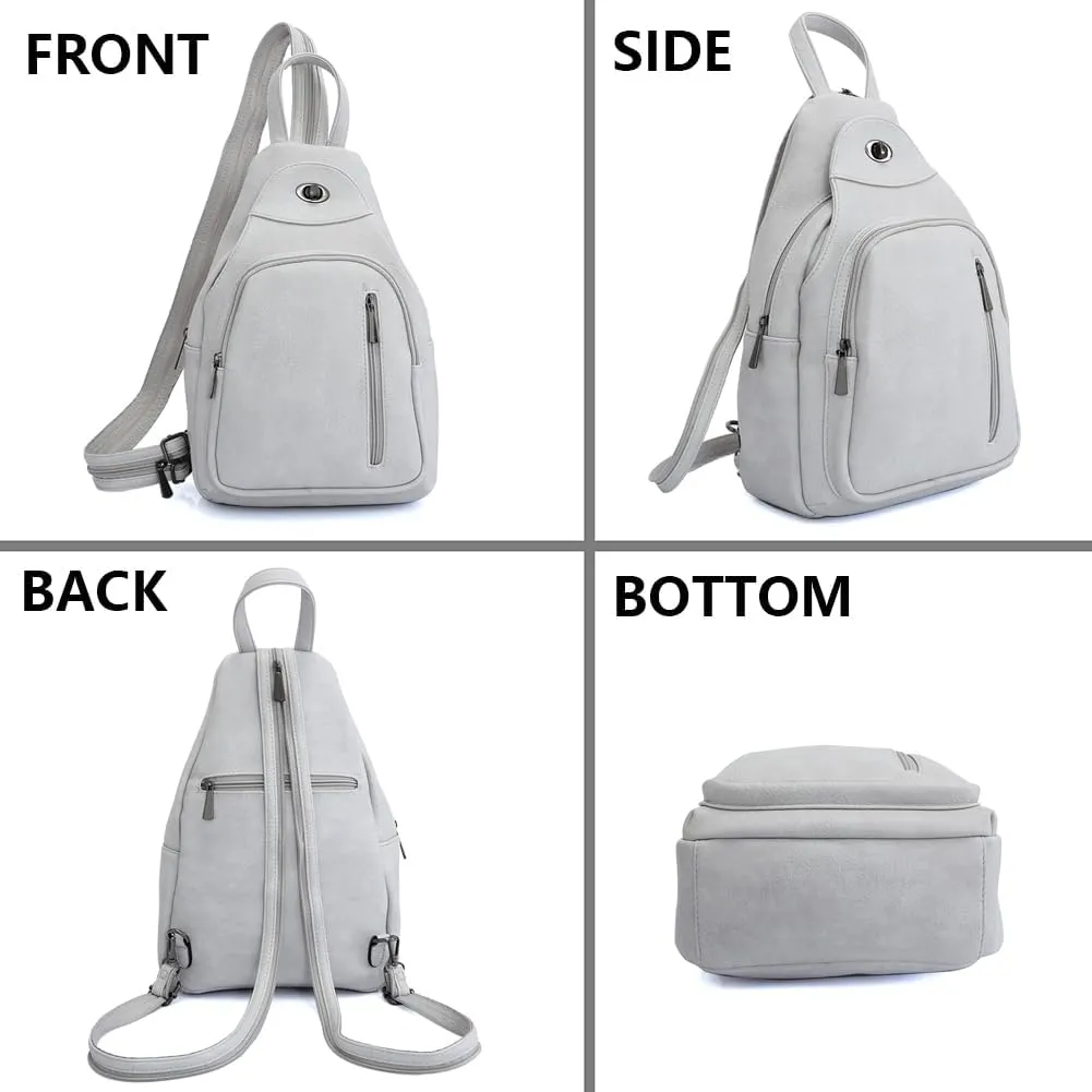Small Backpack Purse for Women Multi Pocket PU Leather Lightweight Handbags Convertible Travel Shoulder Handbag (Grye-white)