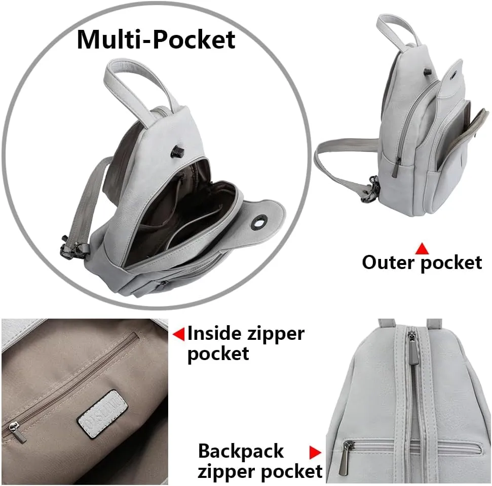 Small Backpack Purse for Women Multi Pocket PU Leather Lightweight Handbags Convertible Travel Shoulder Handbag (Grye-white)