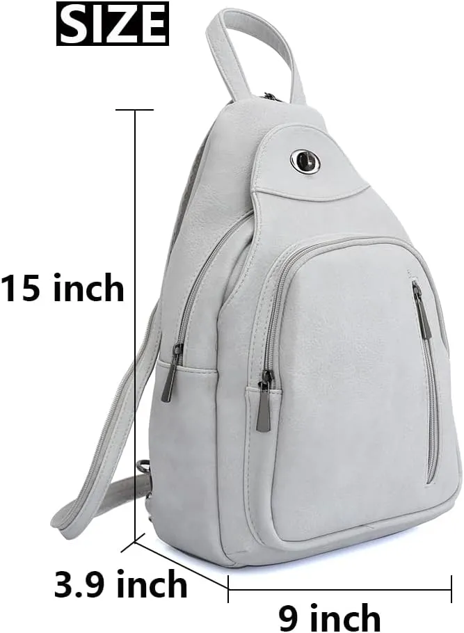 Small Backpack Purse for Women Multi Pocket PU Leather Lightweight Handbags Convertible Travel Shoulder Handbag (Grye-white)