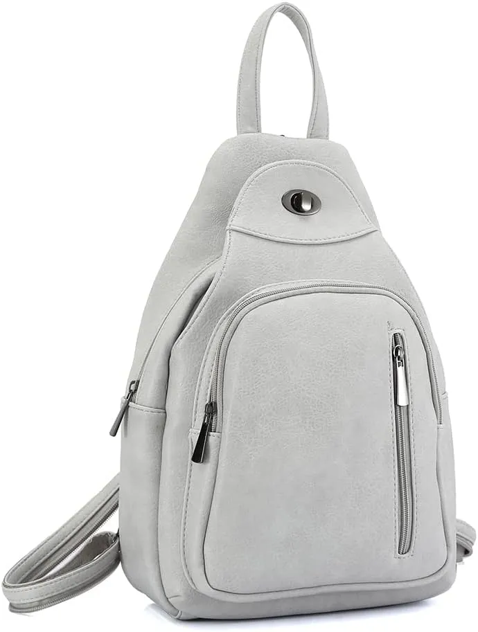 Small Backpack Purse for Women Multi Pocket PU Leather Lightweight Handbags Convertible Travel Shoulder Handbag (Grye-white)