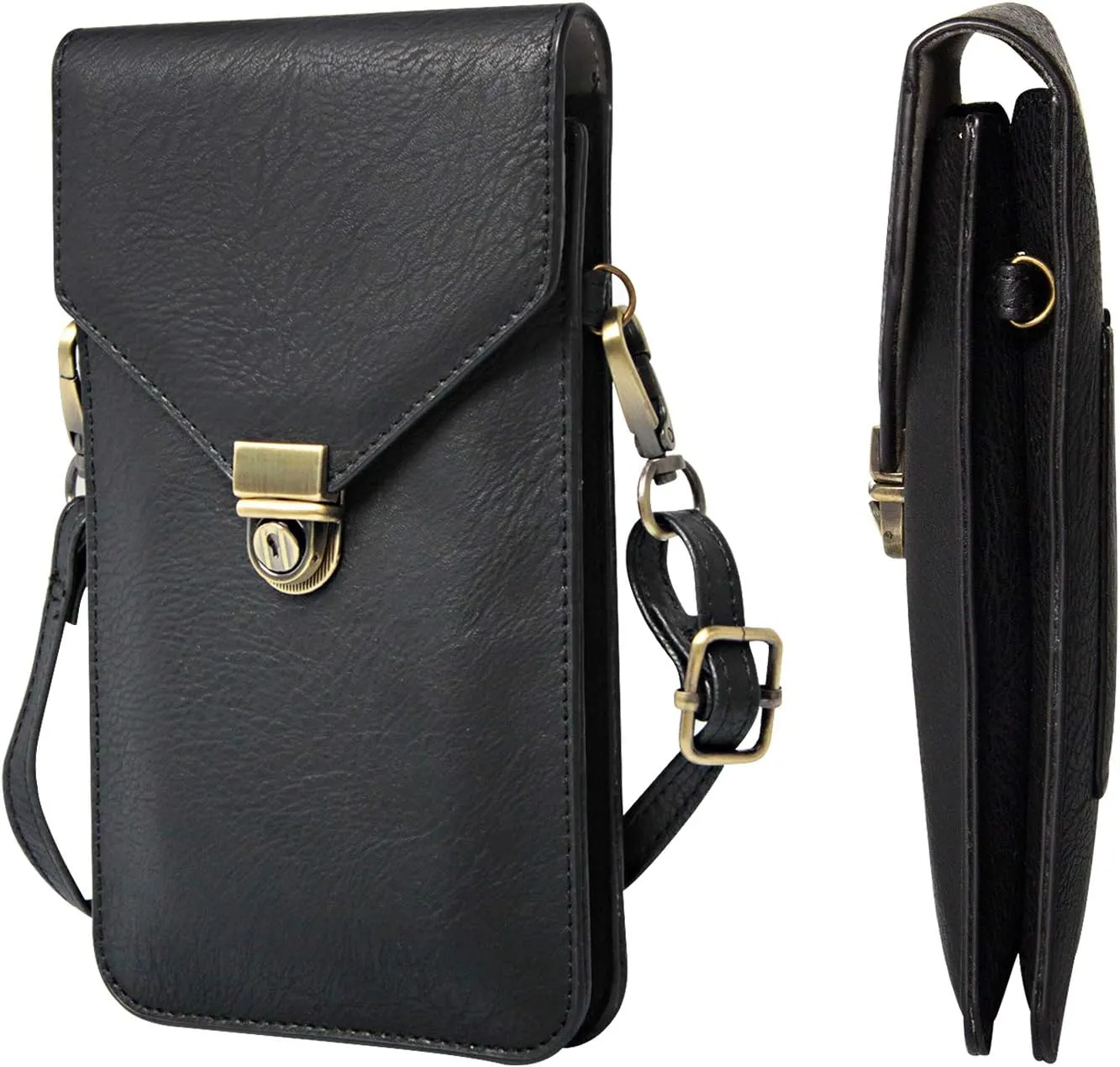 Small Cell Phone Purse, Synthetic Leather Crossbody Bag Dual Pockets Card Holder Neck Pouch with Adjustable Strap for iPhone X Xr 8 7 6s Plus, Galaxy S10 S9 S8 Plus, LG G8 ThinQ, Black