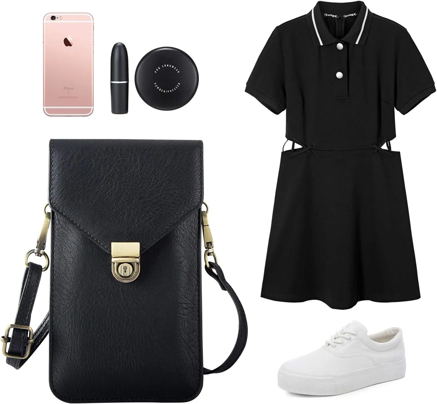 Small Cell Phone Purse, Synthetic Leather Crossbody Bag Dual Pockets Card Holder Neck Pouch with Adjustable Strap for iPhone X Xr 8 7 6s Plus, Galaxy S10 S9 S8 Plus, LG G8 ThinQ, Black