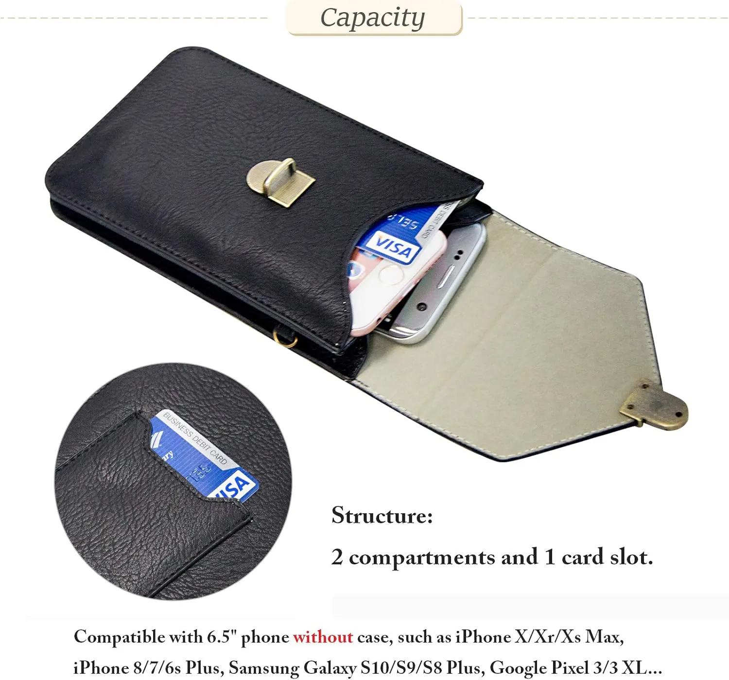 Small Cell Phone Purse, Synthetic Leather Crossbody Bag Dual Pockets Card Holder Neck Pouch with Adjustable Strap for iPhone X Xr 8 7 6s Plus, Galaxy S10 S9 S8 Plus, LG G8 ThinQ, Black