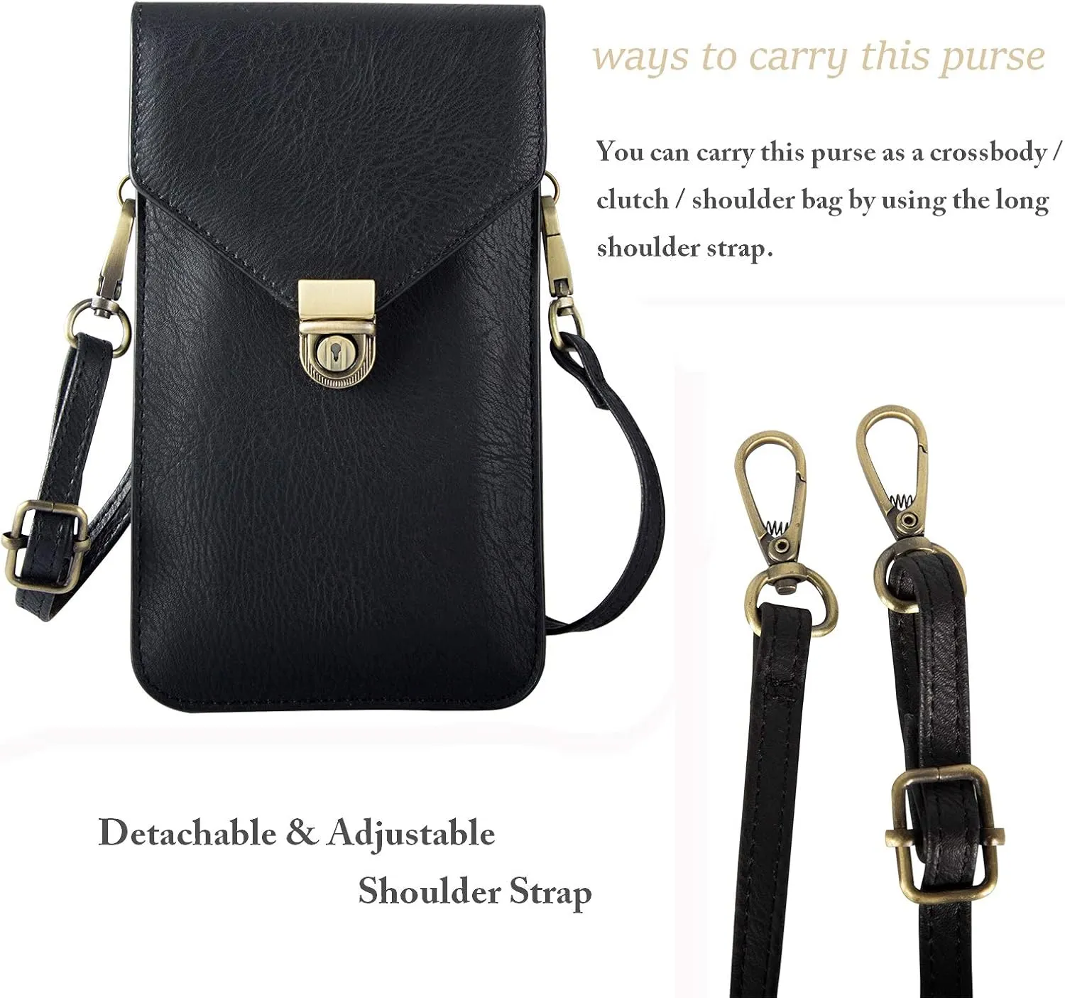 Small Cell Phone Purse, Synthetic Leather Crossbody Bag Dual Pockets Card Holder Neck Pouch with Adjustable Strap for iPhone X Xr 8 7 6s Plus, Galaxy S10 S9 S8 Plus, LG G8 ThinQ, Black