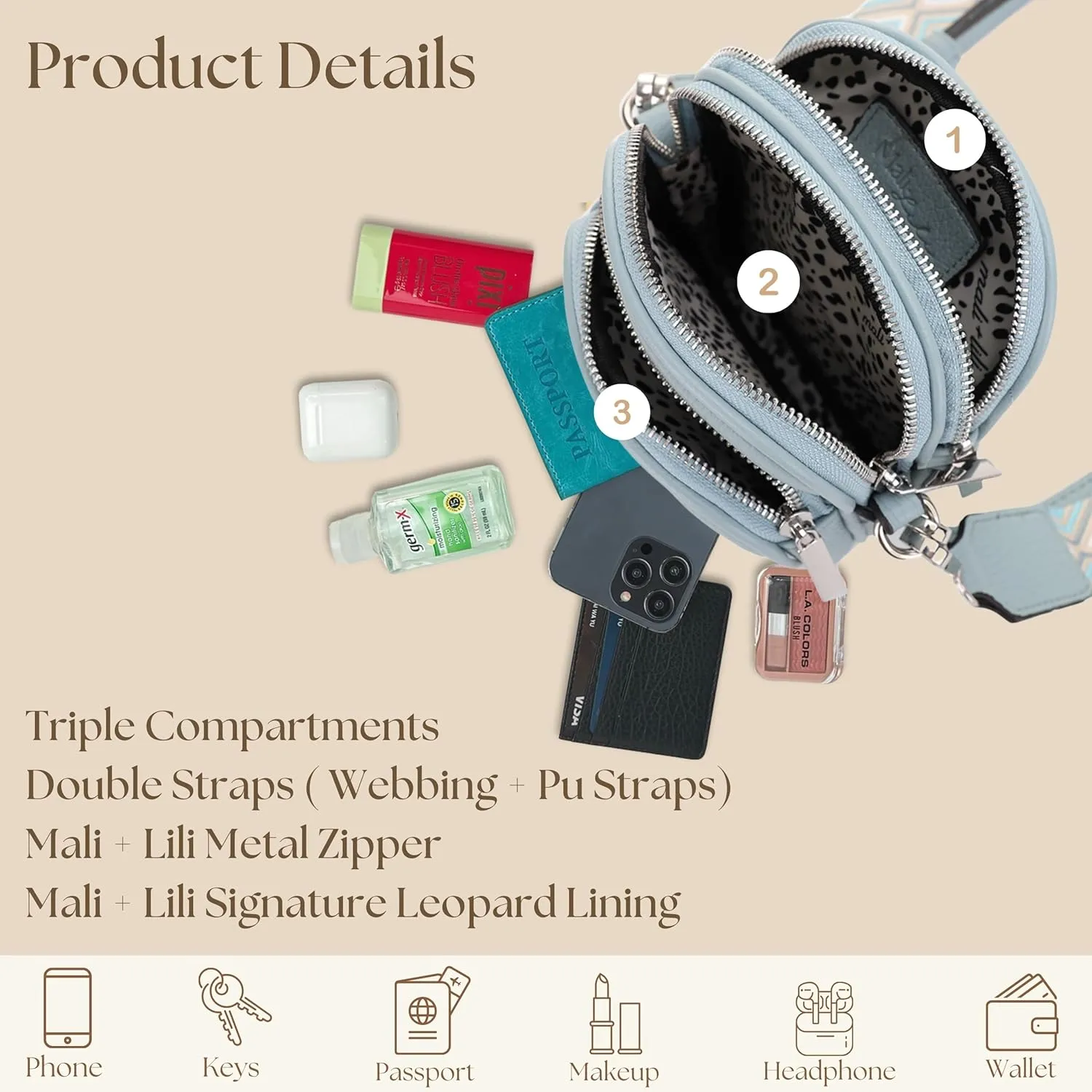 Small Crossbody Bag for Women, Triple Compartment Shoulder Bag with Double Strap