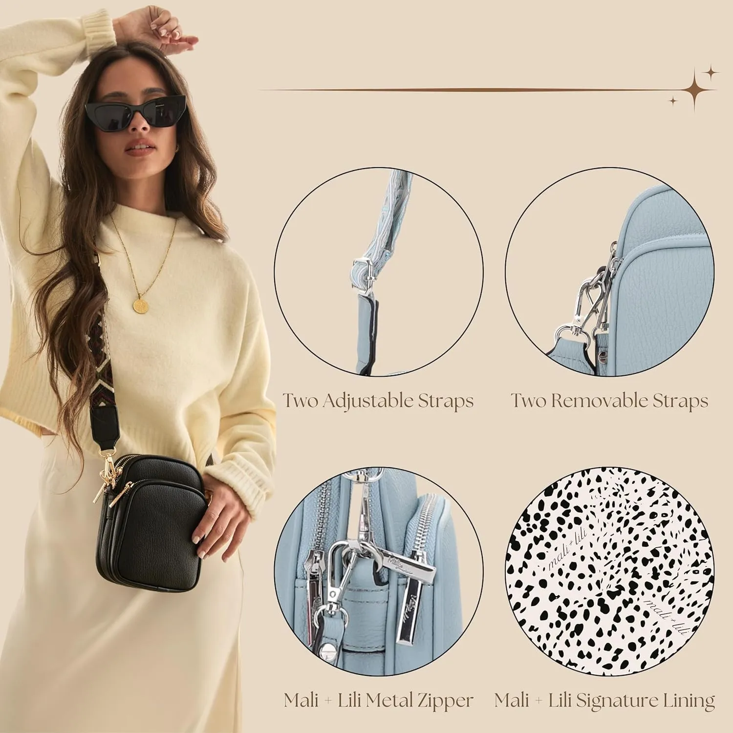 Small Crossbody Bag for Women, Triple Compartment Shoulder Bag with Double Strap