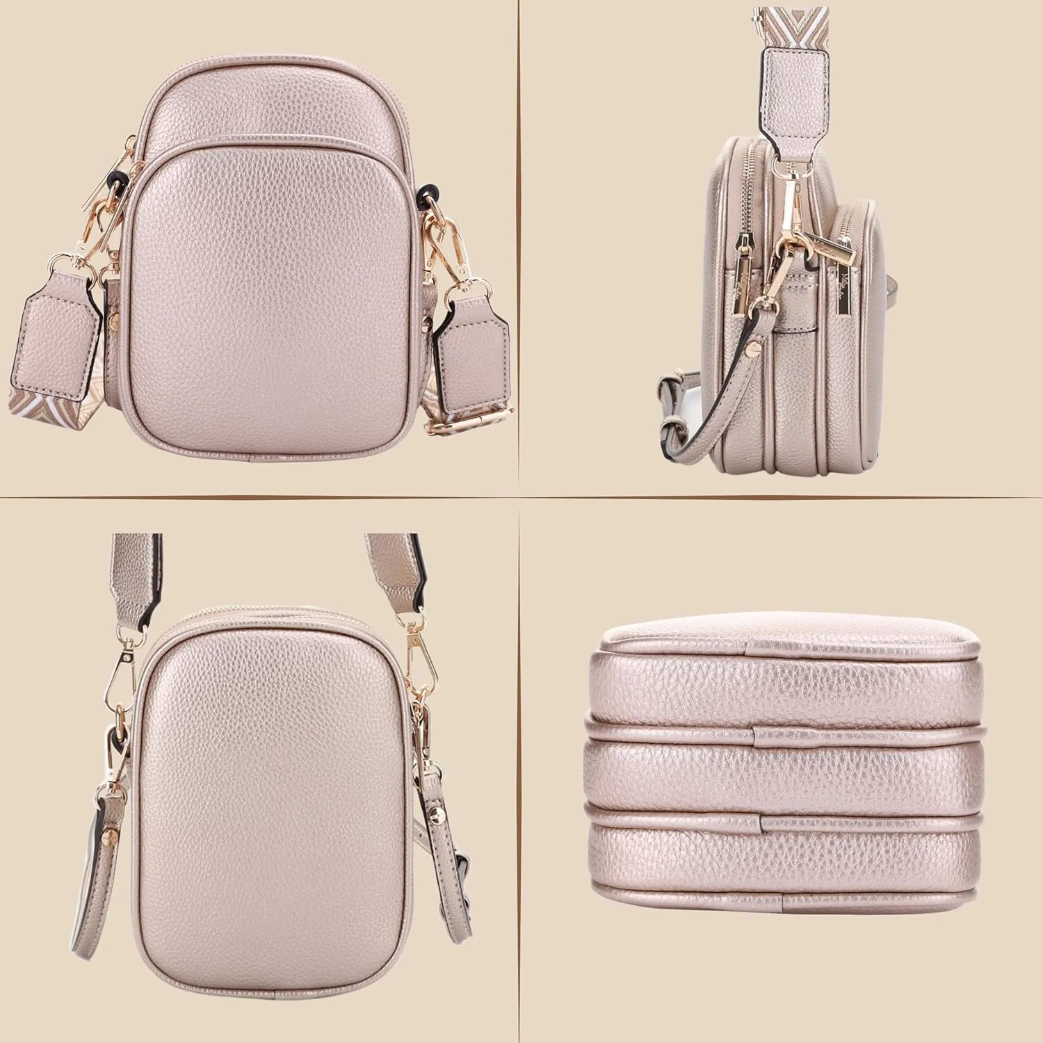 Small Crossbody Bag for Women, Triple Compartment Shoulder Bag with Double Strap