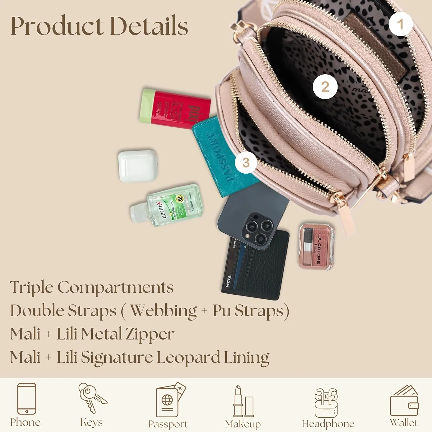 Small Crossbody Bag for Women, Triple Compartment Shoulder Bag with Double Strap