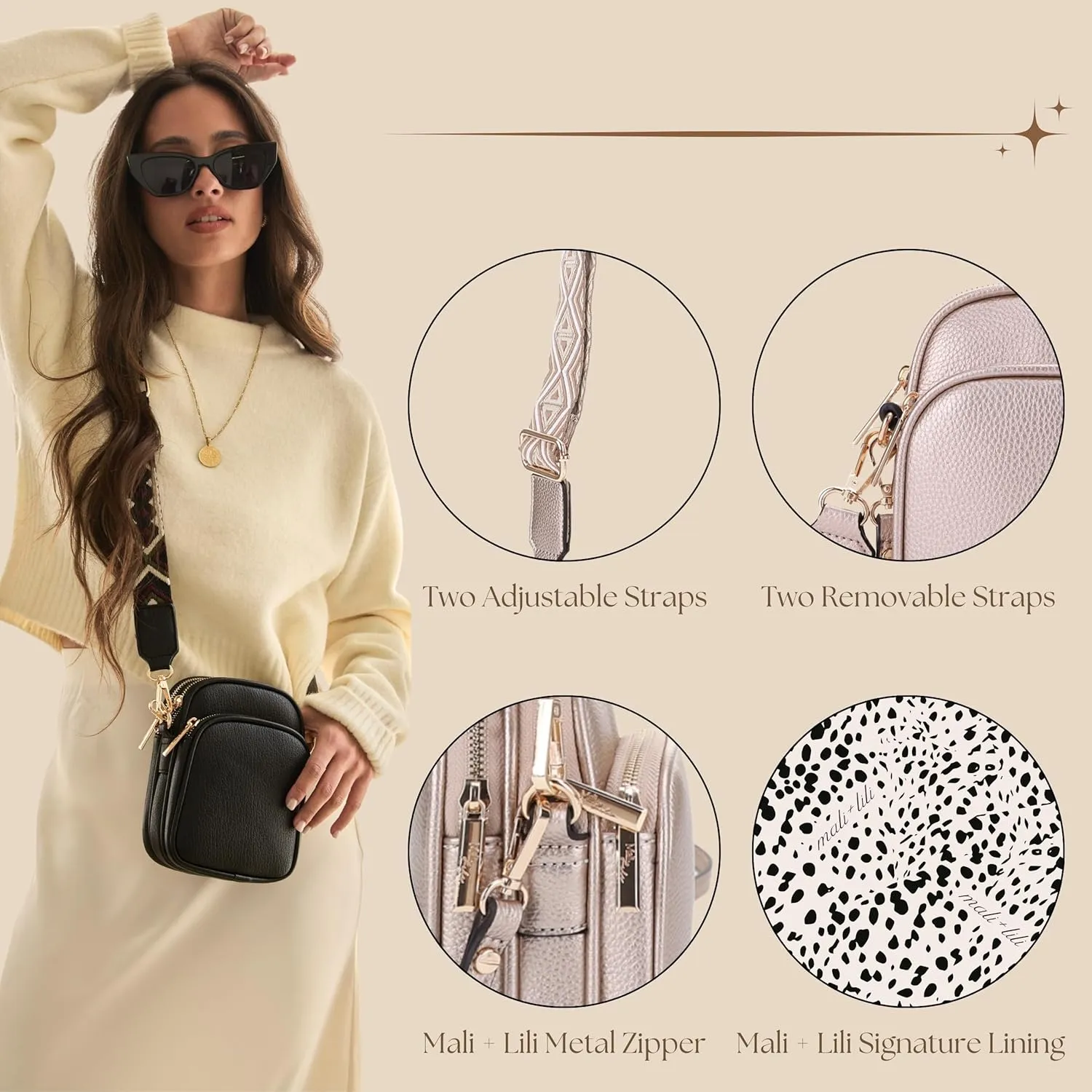 Small Crossbody Bag for Women, Triple Compartment Shoulder Bag with Double Strap