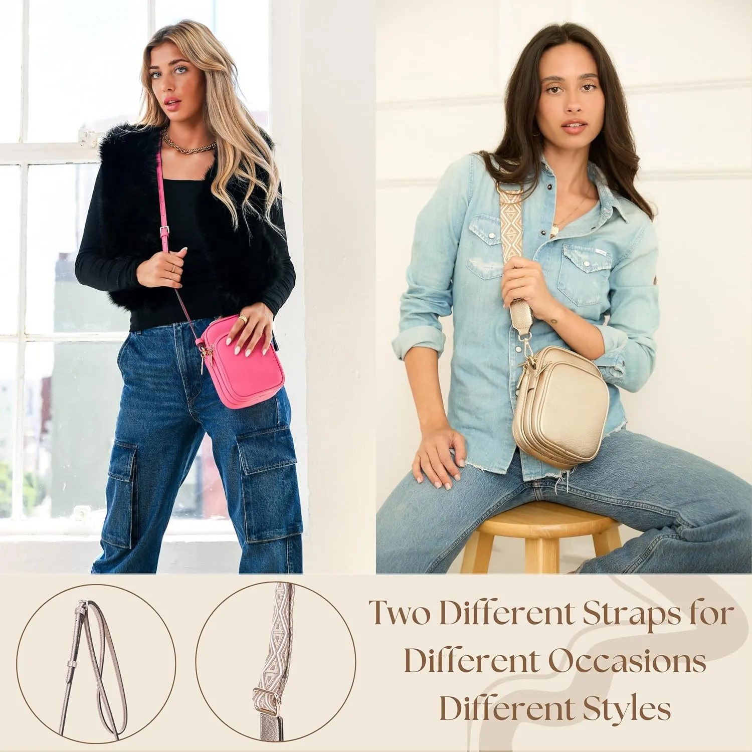 Small Crossbody Bag for Women, Triple Compartment Shoulder Bag with Double Strap