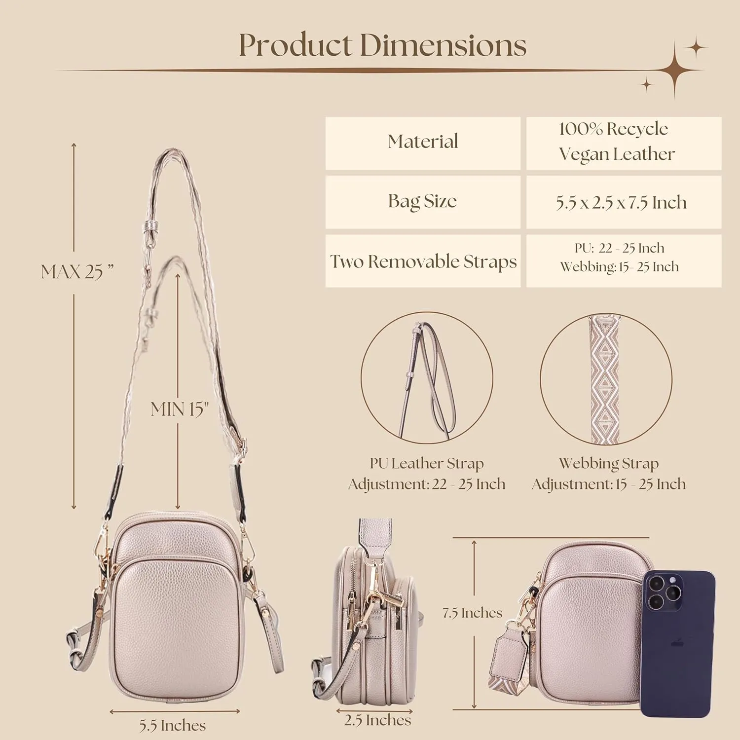 Small Crossbody Bag for Women, Triple Compartment Shoulder Bag with Double Strap