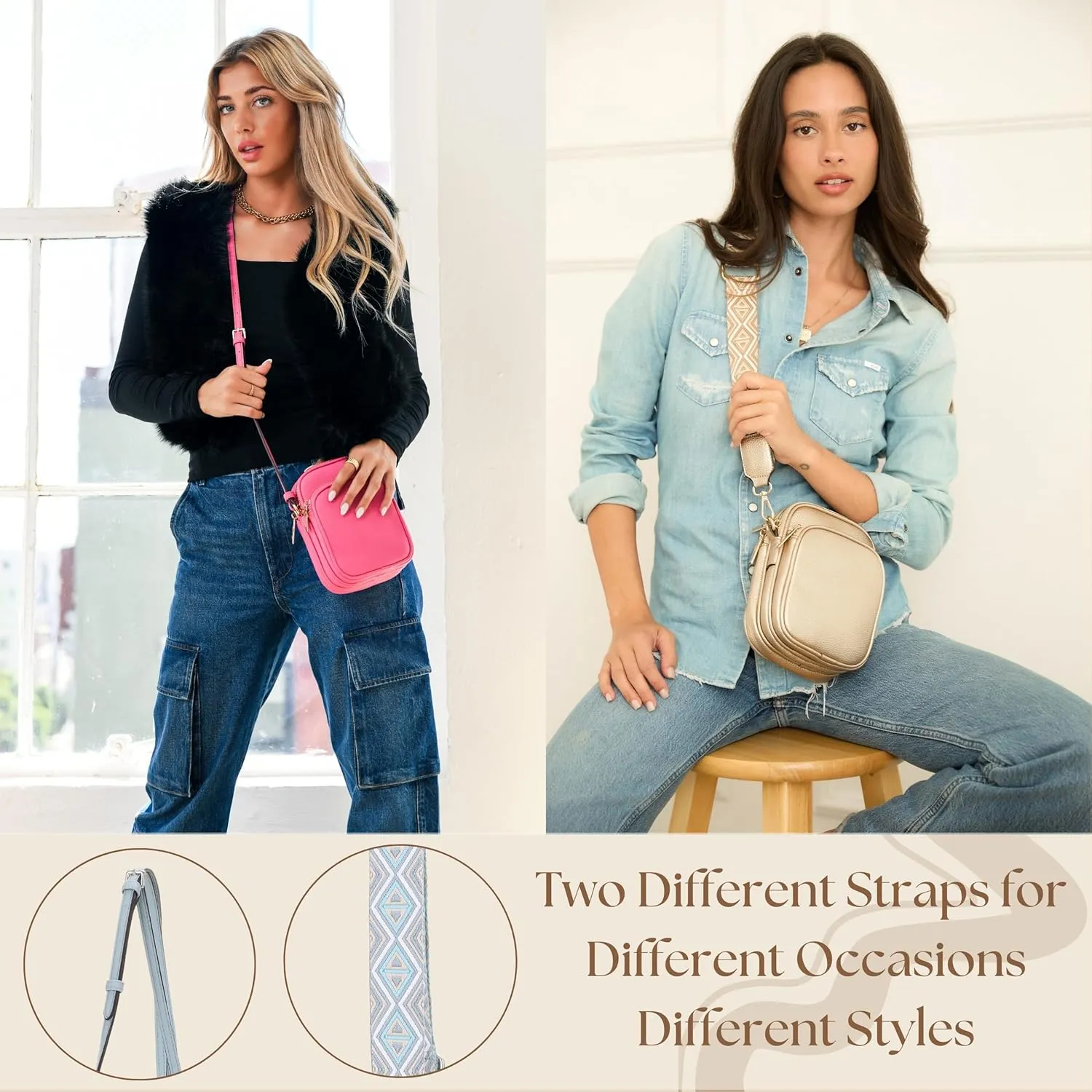 Small Crossbody Bag for Women, Triple Compartment Shoulder Bag with Double Strap