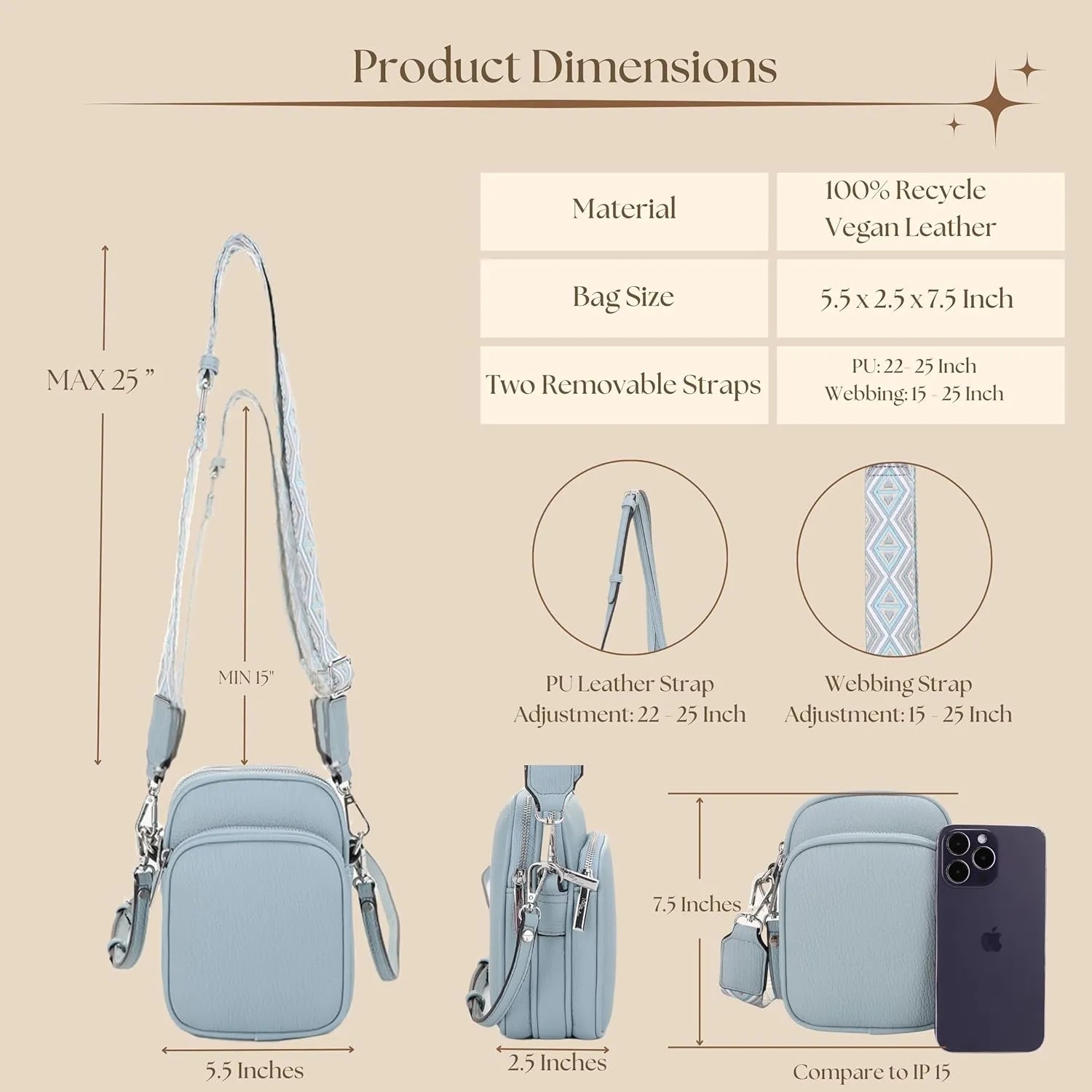 Small Crossbody Bag for Women, Triple Compartment Shoulder Bag with Double Strap