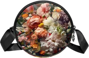 Small Crossbody Wallet for Women, Circle Crossbody Purse Handbag, Colorful Floral Botany Pattern Art