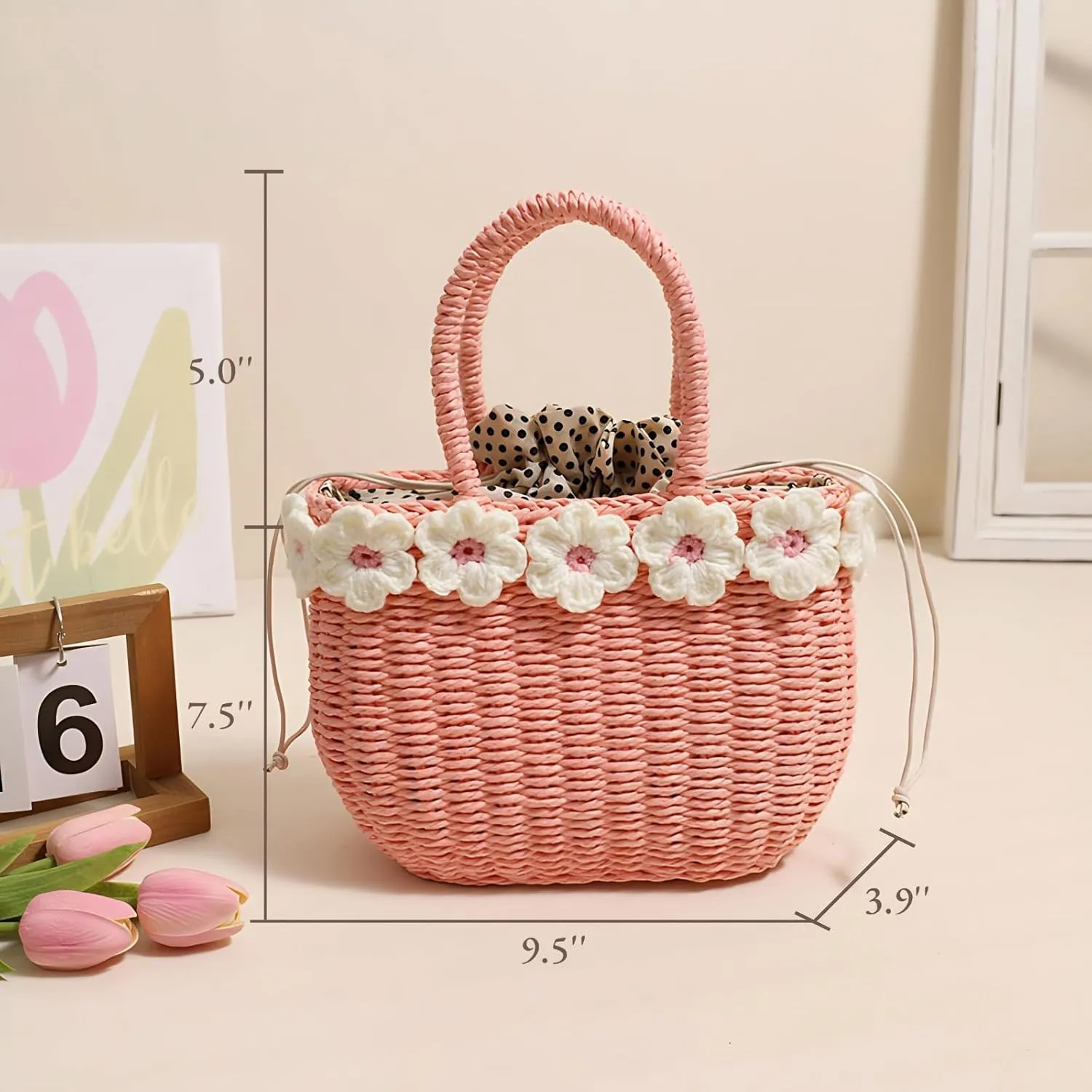 Small Woven Straw Handbag Crossbody Bag with Floral Pattern - Available in Blue, Pink, and Purple