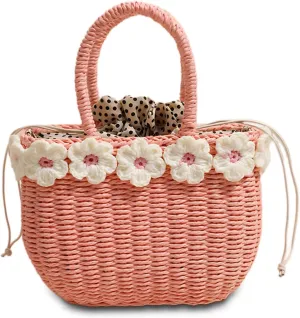Small Woven Straw Handbag Crossbody Bag with Floral Pattern - Available in Blue, Pink, and Purple