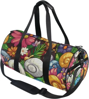 Snails and Floral Flowers Colorful Gym Duffle Bag Women Men Sports Fitness Bag for Travel Workout Gymnastics Dance Ballet
