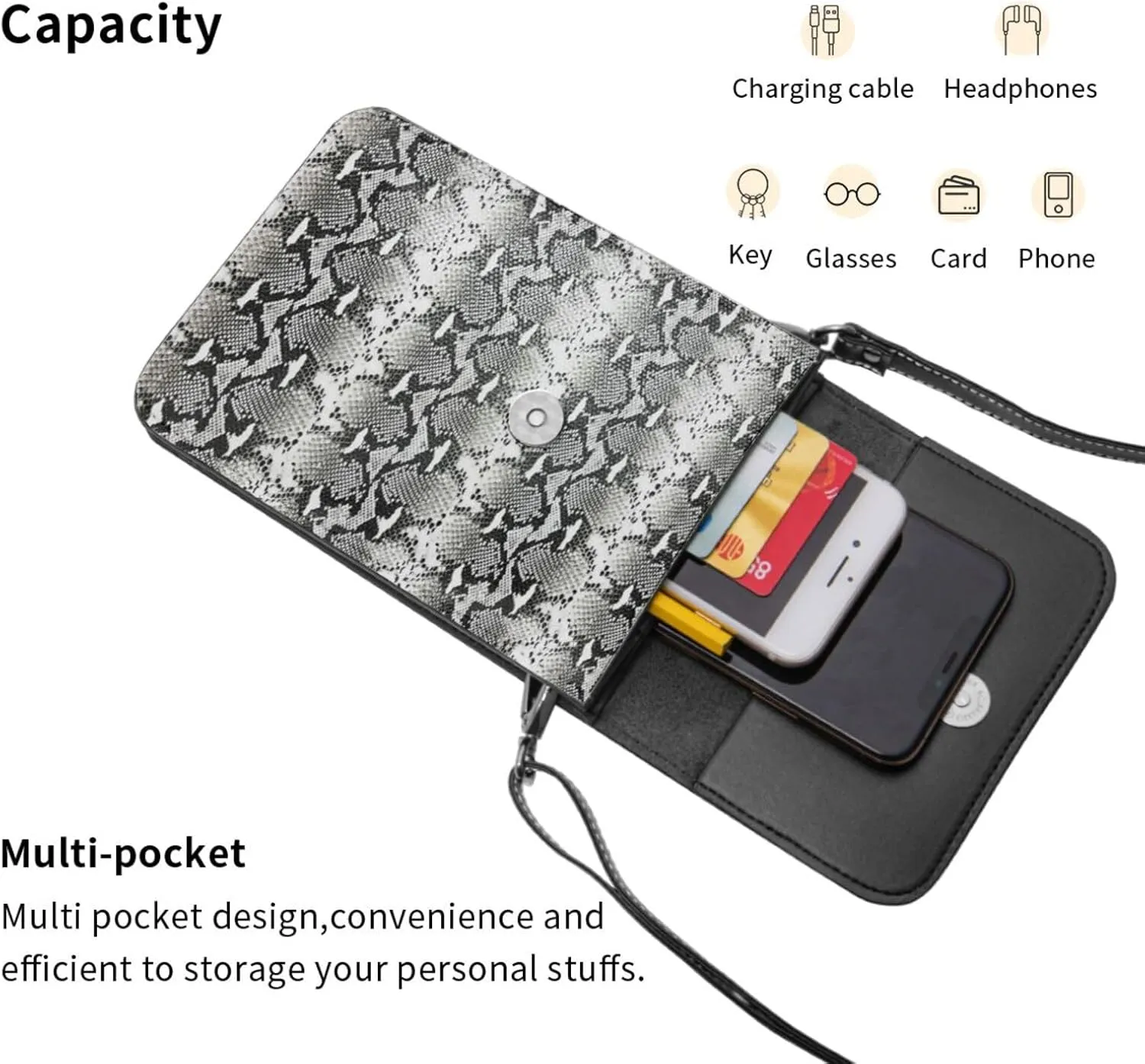 Snake Skin Python Pattern Woman Crossbody Bags Leather One Shoulder Handbags Wallet Adjustable Strap Cell Phone Purse