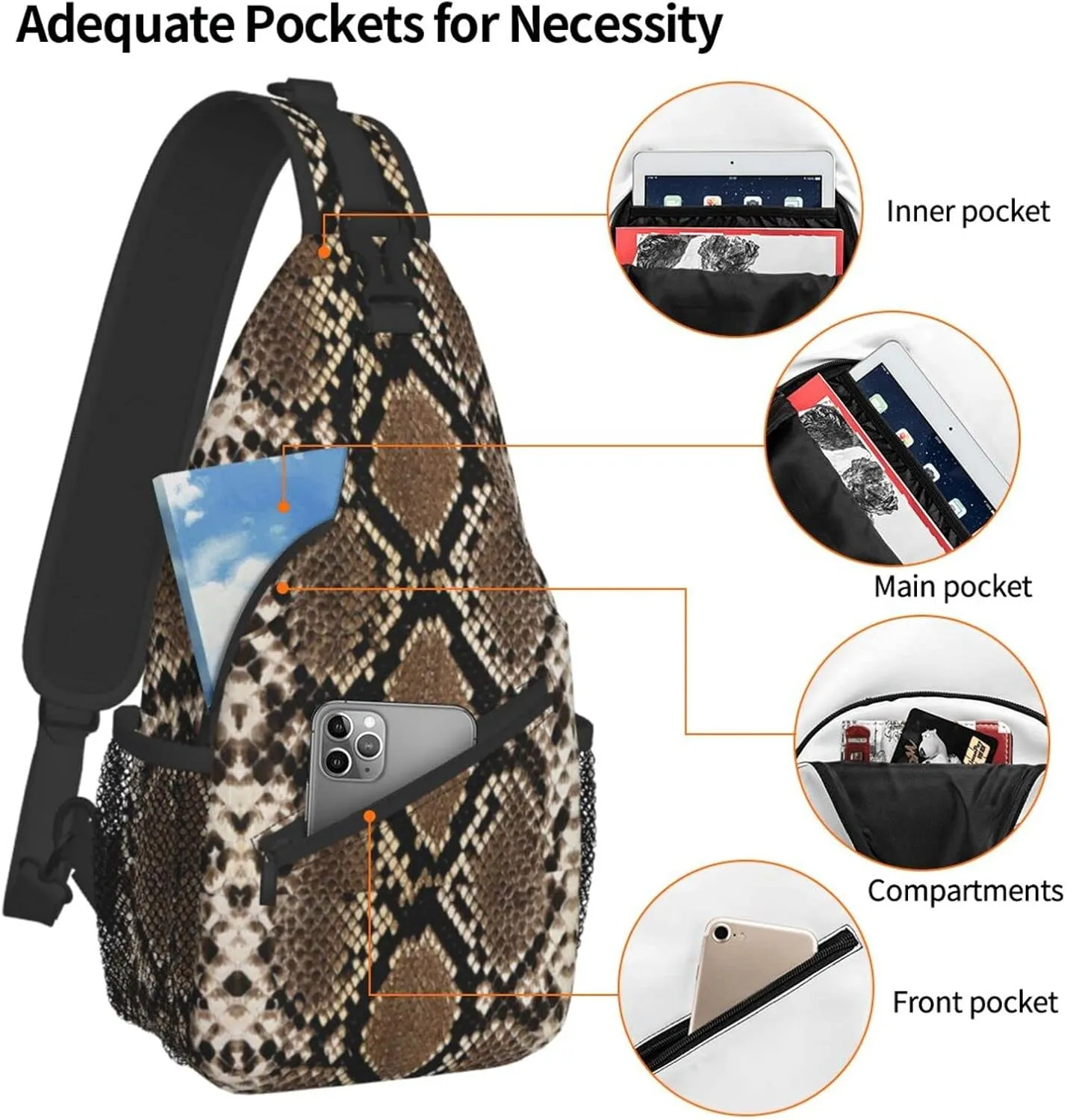 Snake Skin Sling Bag Animal Crossbody Chest Daypack Casual Backpack Women Shoulder Bag For Travel Picnic