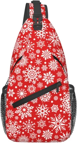 Snowflakes Christmas Red Cross Chest Bag Diagonally Hiking Crossbody Bag Travel Shoulder Daypack Lightweight Sling Backpack Cycling Daypacks Fitness Chest Backpacks