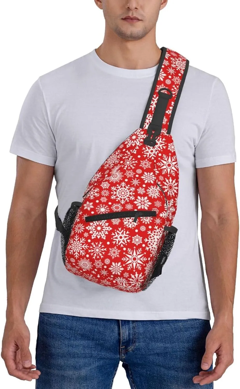 Snowflakes Christmas Red Cross Chest Bag Diagonally Hiking Crossbody Bag Travel Shoulder Daypack Lightweight Sling Backpack Cycling Daypacks Fitness Chest Backpacks