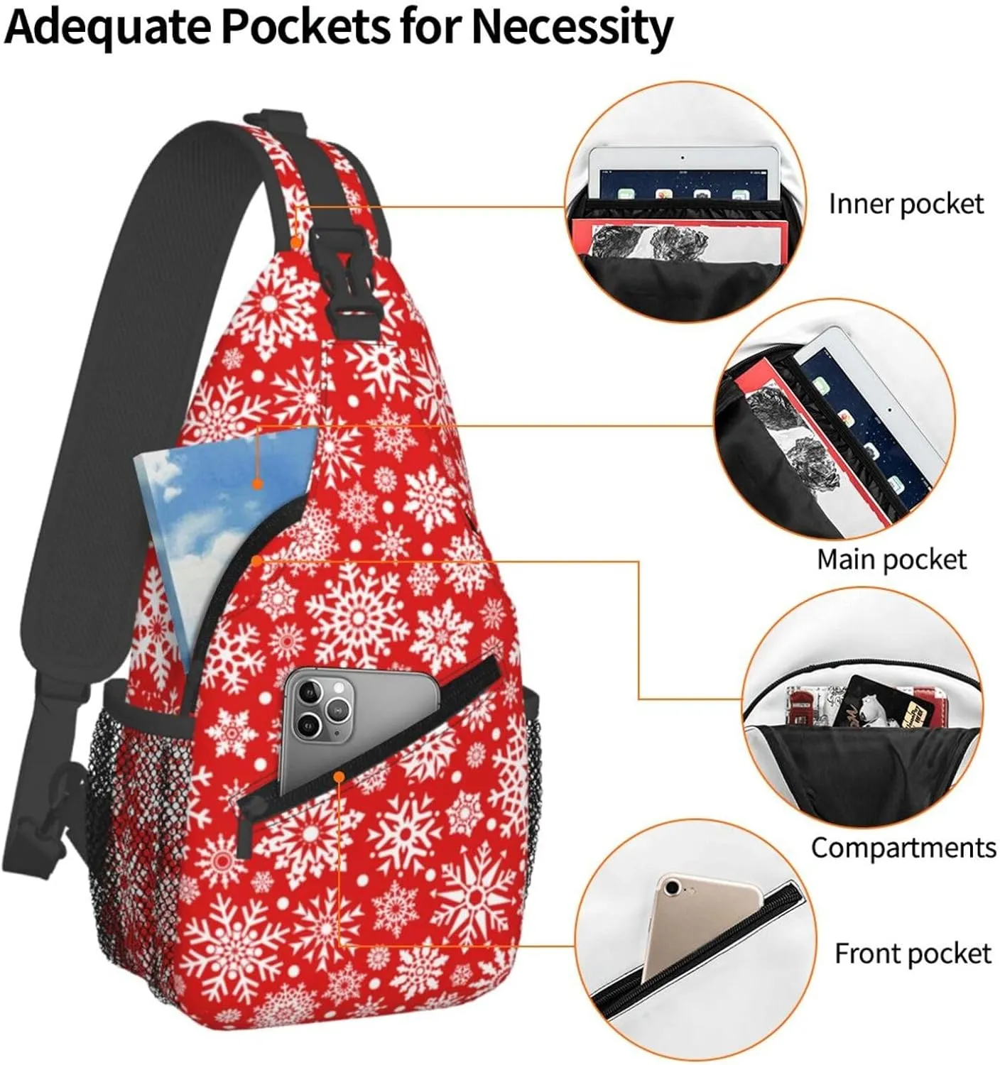 Snowflakes Christmas Red Cross Chest Bag Diagonally Hiking Crossbody Bag Travel Shoulder Daypack Lightweight Sling Backpack Cycling Daypacks Fitness Chest Backpacks